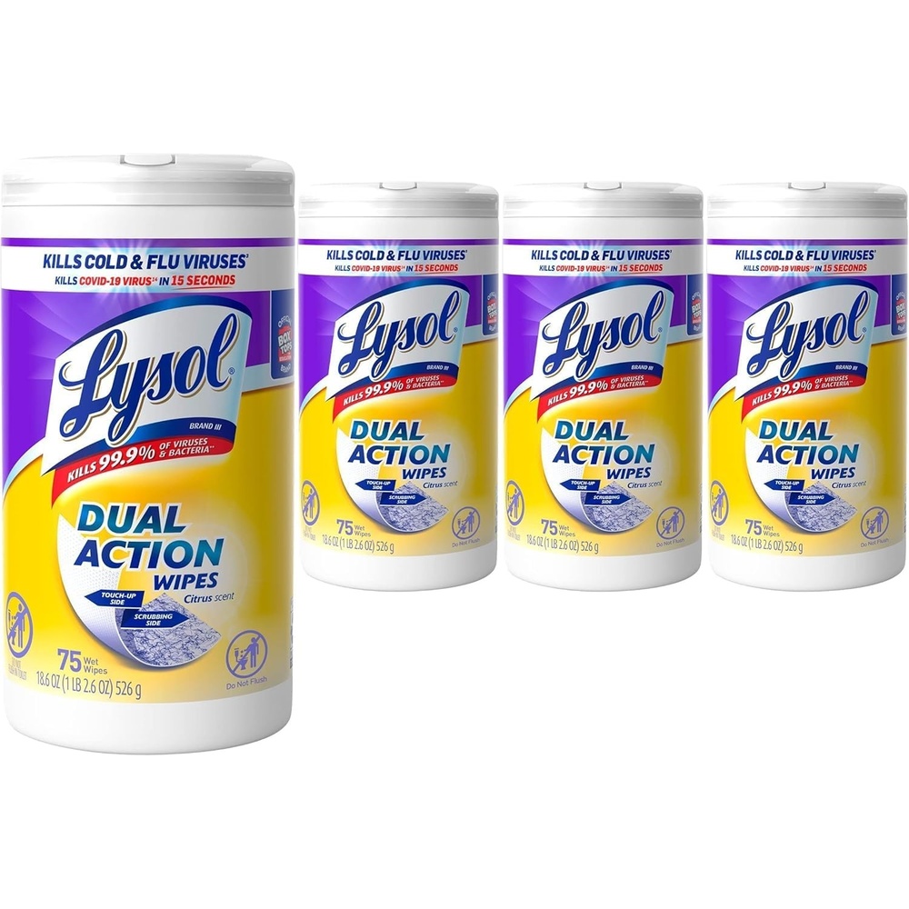 image:imageLysol Dual Action Disinfectant Wipes MultiSurface Antibacterial Scrubbing Wipes Dorm Room Essentials Citrus Scent 75ct Pack of 4 Packaging May VaryDual Action