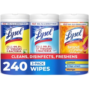 Lysol Disinfecting Wipes, Cleaner, Lemon + Linen + Mango, 80 ct. (3 Pack) | All Purpose Cleaner, Sanitizing, Deodorizing, Apartment Essentials, Back To School Cleaning Supplies, Kitchen & Bathroom Wipe