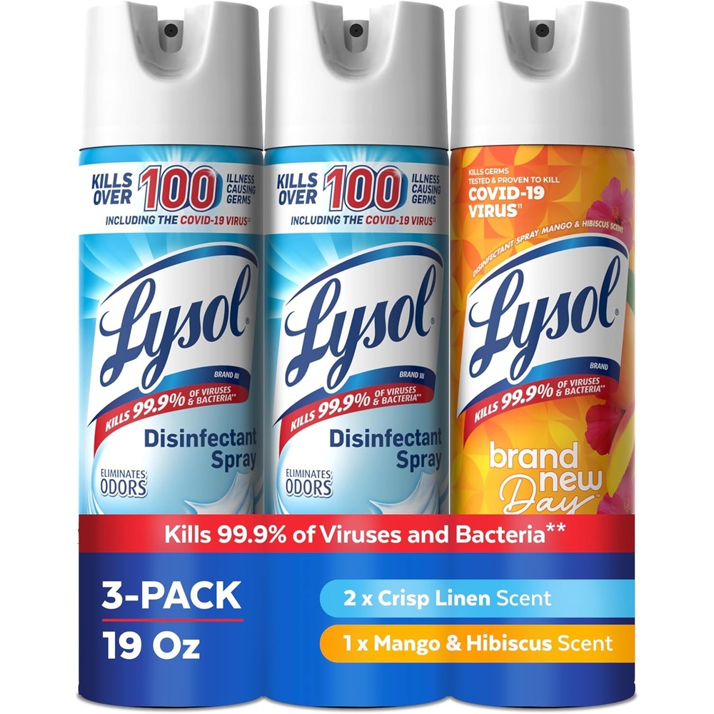 image:imageLysol Disinfectant Spray Household Cleaning Supplies Disinfecting MultiPurpose Room Spray Antibacterial Sanitizer Deodorizer Kills Hantavirus Crisp Linen  Mango amp Hibiscus 19 Fl Oz 3PackCrisp Linen  Mango