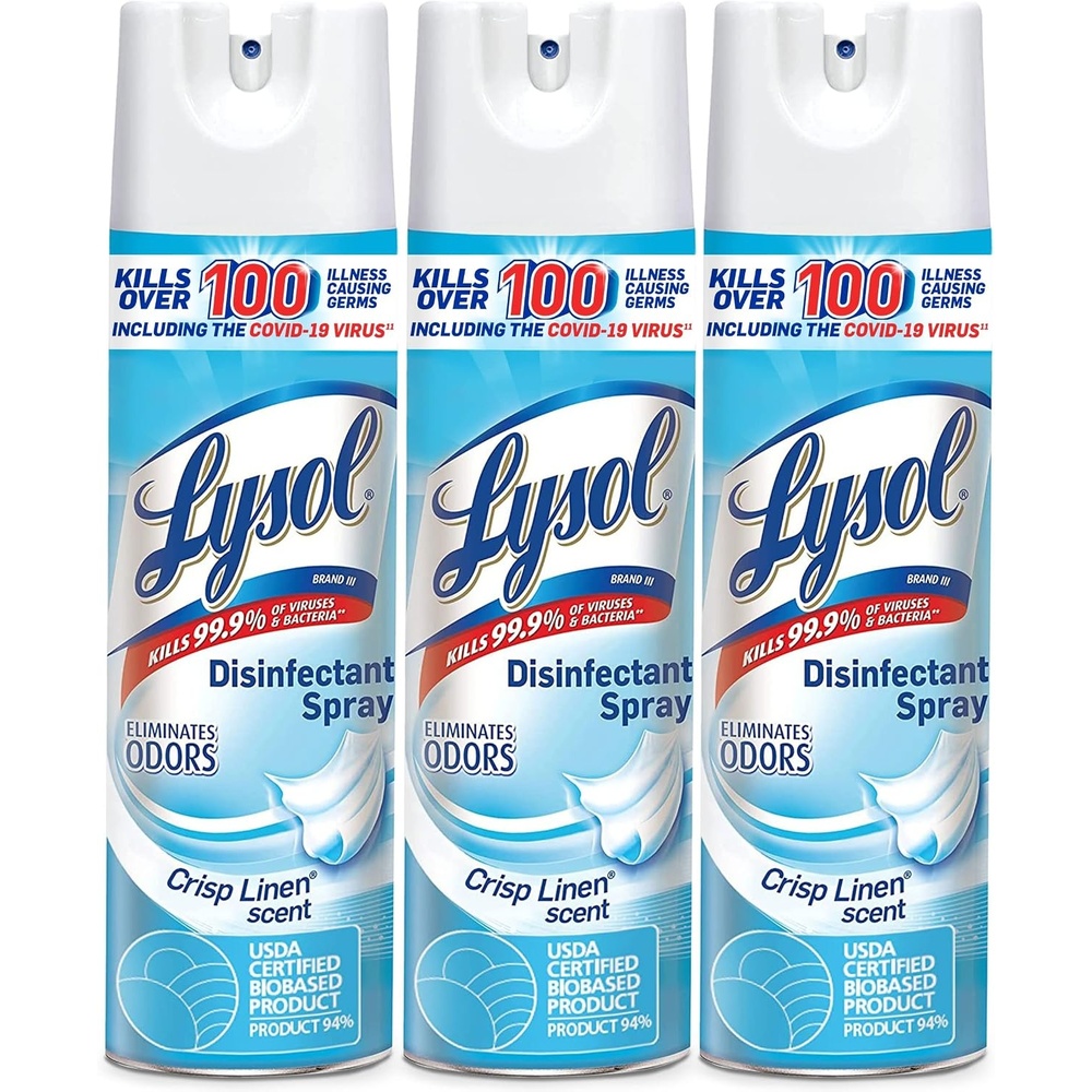 image:imageLysol Disinfectant Spray Household Essential Cleaning Supplies MultiPurpose Room Spray Antibacterial Sanitizer Spray Upholstery Deodorizer Home and Bathroom Crisp Linen19 Fl OzBlue