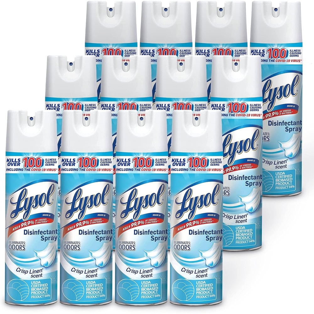image:imageLysol Disinfectant Spray Household Essential Cleaning Supplies MultiPurpose Room Spray Antibacterial Sanitizer Spray Upholstery Deodorizer Home and Bathroom Crisp Linen19 Fl Oz Pack of 12Linen