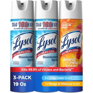 Lysol Disinfectant Spray, Household Cleaning Supplies, Disinfecting Multi-Purpose Room Spray, Antibacterial Sanitizer, Deodorizer, Kills Hantavirus, Crisp Linen + Mango & Hibiscus, 19 Fl Oz, 3-Pack(Crisp Linen + Mango)