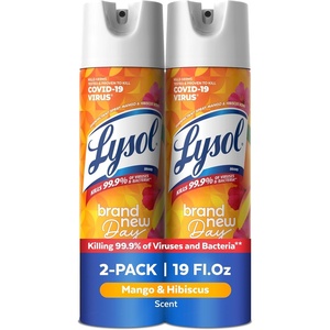 Lysol Disinfectant Spray, Household Cleaning Supplies, Disinfecting Multi-Purpose Room Spray, Antibacterial Sanitizer, Deodorizer, Kills Hantavirus, Lemon Breeze, 19 Fl Oz (Pack of 2)(Mango & Hibiscus)